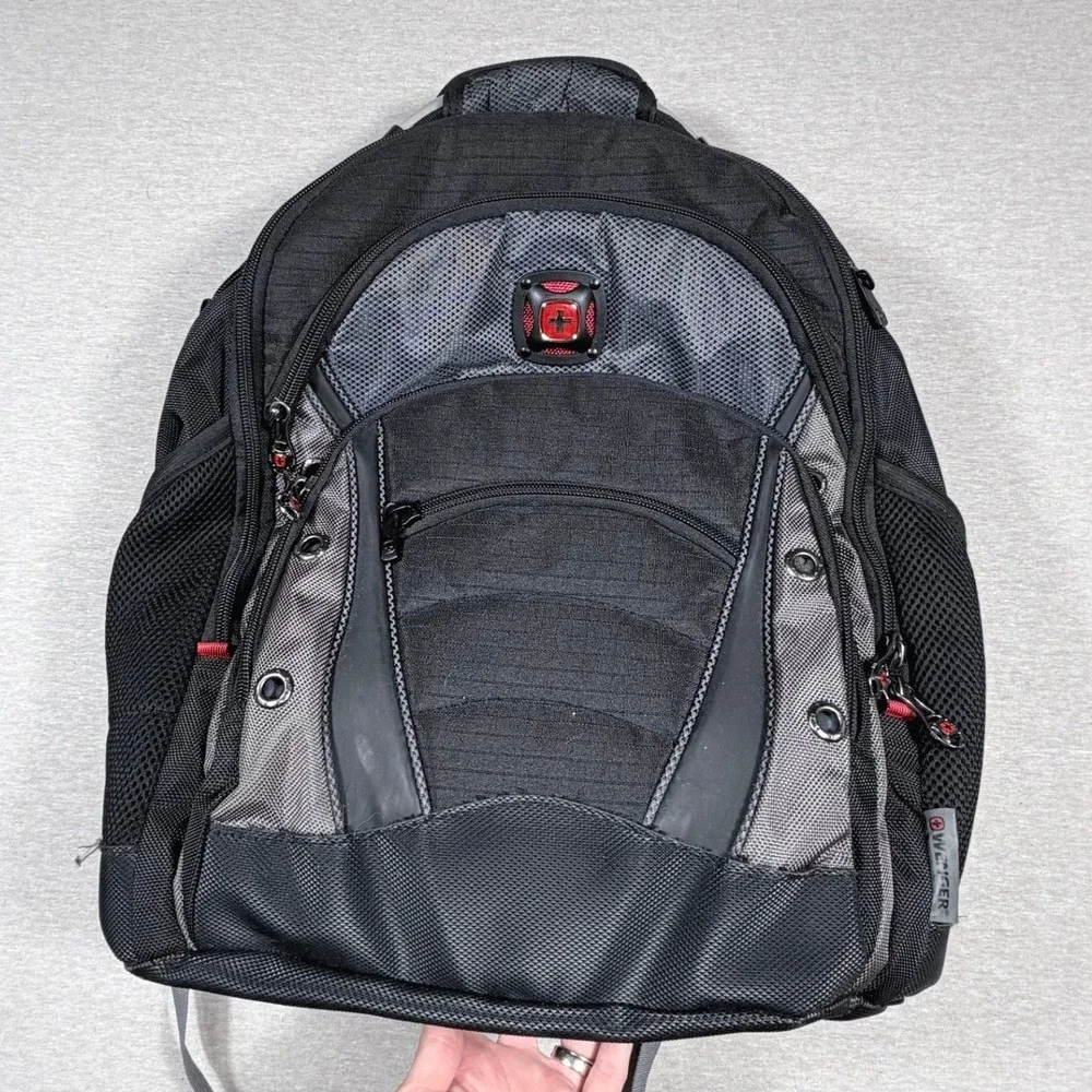 Wenger SwissGear Laptop Backpack Black Gray Red Padded Travel School Bag